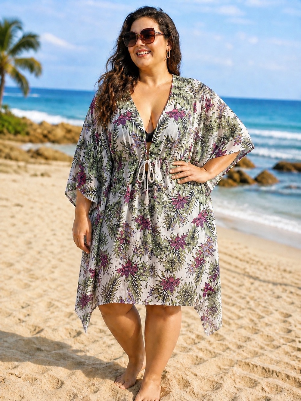 Wave Zone Plus Size 2X/3X Tropical Kimono Coverup Drawstring Beach Boho.